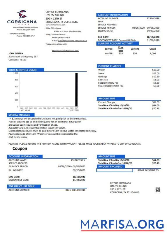 Printable USA Texas City of Corsicana utility bill template in Word and PDF format